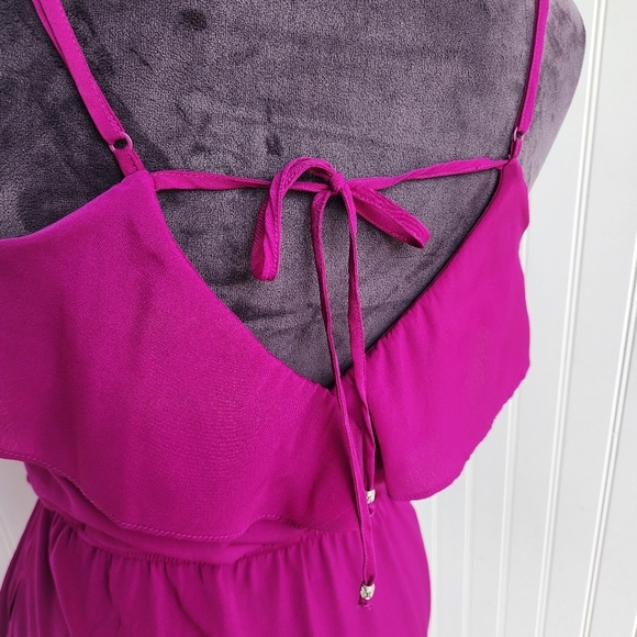 American Eagle Fushia Pink Silky Satin Ruffle V-Neck Dress Sleveless Sz XS - Picture 7 of 15